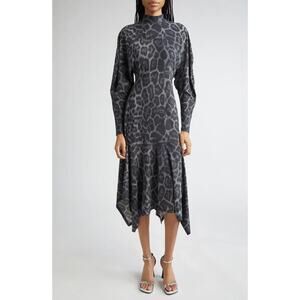 STELLA MCCARTNEY Leopard Print Long Sleeve Handkerchief Hem Dress Small S